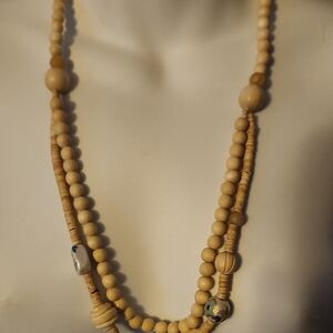 Natural Wood Beaded Necklace With Painted Floral Beads